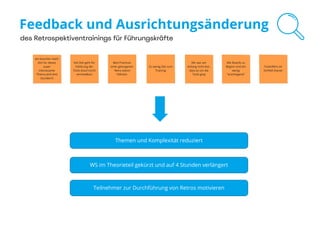 des Retrospektiventrainings für Führungskräfte
ein bisschen mehr 
Zeit für dieses 
super 
interessante 
Thema (evtl drei 
Stunden?)
Alle Boards zu 
Beginn sind ein 
wenig 
"erschlagend"
Viel Zeit geht für 
Erklärung der 
Tools drauf (nicht 
vermeidbar)
Best Practices 
einer gelungenen
Retro wären 
hilfreich
Zu wenig Zeit zum 
Training
Tools/Miro im 
Vorfeld sharen
Mir war am 
Anfang nicht klar, 
dass es um die 
Tools ging
Themen und Komplexität reduziert
WS im Theorieteil gekürzt und auf 4 Stunden verlängert
Teilnehmer zur Durchführung von Retros motivieren
Feedback und Ausrichtungsänderung
 