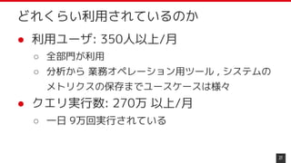 ● 利用ユーザ: 350人以上/月
○ 全部門が利用
○ 分析から 業務オペレーション用ツール , システムの
メトリクスの保存までユースケースは様々
● クエリ実行数: 270万 以上/月
○ 一日 9万回実行されている
27
どれくらい利用されているのか
 