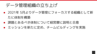 ● 2021年 5月よりデータ管理にフォーカスする組織として新
たに体制を構築
● 課題とあるべき体制について経営層に説明と合意
● ミッションを新たに定め、チームビルディングを実施
データ管理組織の立ち上げ
 