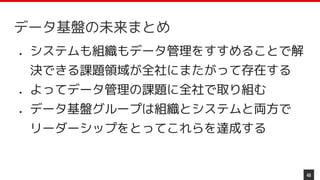 データ基盤の未来まとめ
● システムも組織もデータ管理をすすめることで解
決できる課題領域が全社にまたがって存在する
● よってデータ管理の課題に全社で取り組む
● データ基盤グループは組織とシステムと両方で
リーダーシップをとってこれらを達成する
48
 