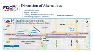 Discussion of Alternatives
DORAL
VIRGINIA
GARDENS
MIAMI
SPRINGS
HIALEAH
12
CITY OF
MIAMI
Western Segment Iron
Triangle
Eastern Segment
• No-Build Alternative
• TSM&O Alternative
• Capacity Build Alternative - 6+2 Elevated
• Lane Repurposing Build Alternative
Two Build Alternatives
 