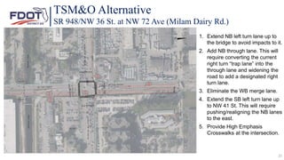 TSM&O Alternative
SR 948/NW 36 St. at NW 72 Ave (Milam Dairy Rd.)
1. Extend NB left turn lane up to
the bridge to avoid impacts to it.
2. Add NB through lane. This will
require converting the current
right turn “trap lane” into the
through lane and widening the
road to add a designated right
turn lane.
3. Eliminate the WB merge lane.
4. Extend the SB left turn lane up
to NW 41 St. This will require
pushing/realigning the NB lanes
to the east.
5. Provide High Emphasis
Crosswalks at the intersection.
25
2
1
3
4
5
 