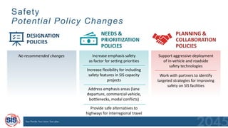 Safety
Potential Policy Changes
Increase emphasis safety
as factor for setting priorities
Increase flexibility for including
safety features in SIS capacity
projects
Address emphasis areas (lane
departure, commercial vehicle,
bottlenecks, modal conflicts)
Provide safe alternatives to
highways for interregional travel
Support aggressive deployment
of in-vehicle and roadside
safety technologies
Work with partners to identify
targeted strategies for improving
safety on SIS facilities
DESIGNATION
POLICIES
NEEDS &
PRIORITIZATION
POLICIES
PLANNING &
COLLABORATION
POLICIES
No recommended changes
 