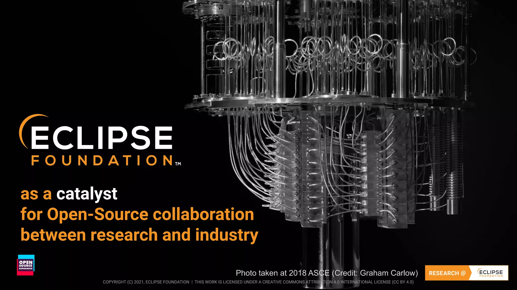17 COPYRIGHT (C) 2021, ECLIPSE FOUNDATION | THIS WORK IS LICENSED UNDER A CREATIVE COMMONS ATTRIBUTION 4.0 INTERNATIONAL LICENSE (CC BY 4.0)
17
as a catalyst
for Open-Source collaboration
between research and industry
Photo taken at 2018 ASCE (Credit: Graham Carlow)
COPYRIGHT (C) 2021, ECLIPSE FOUNDATION | THIS WORK IS LICENSED UNDER A CREATIVE COMMONS ATTRIBUTION 4.0 INTERNATIONAL LICENSE (CC BY 4.0)
 
