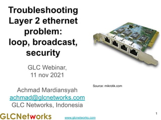 www.glcnetworks.com
Troubleshooting
Layer 2 ethernet
problem:
loop, broadcast,
security
GLC Webinar,
11 nov 2021
Achmad Mardiansyah
achmad@glcnetworks.com
GLC Networks, Indonesia
1
Source: mikrotik.com
 