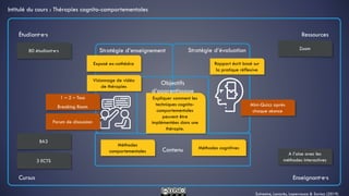 Sylvestre, Lanarès, Laperrouza & Savioz (2019)
Stratégie d’enseignement Stratégie d’évaluation
Objectifs
d’apprentissage
Contenu
Étudiant·e·s
Cursus
Ressources
Enseignant·e·s
Expliquer comment les
techniques cognito-
comportementales
peuvent être
implémentées dans une
thérapie.
Intitulé du cours : Thérapies cognito-comportementales
80 étudiant·e·s
3 ECTS
BA3
Zoom
A l’aise avec les
méthodes interactives
Méthodes cognitives
Méthodes
comportementales
Exposé ex-cathédra
Visionnage de vidéo
de thérapies
Rapport écrit basé sur
la pratique réflexive
1 – 2 – Tous
Breaking Room Mini-Quizz après
chaque séance
Forum de discussion
 