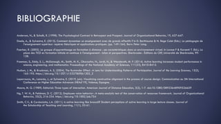BIBLIOGRAPHIE
Anderson, N., & Schalk, R. (1998). The Psychological Contract in Retrospect and Prospect. Journal of Organizational Behavior, 19, 637-647.
Daele, A., & Sylvestre, E. (2013). Comment dynamiser un enseignement avec de grands effectifs ? In D. Berthiaume & N. Rege Colet (Eds.). La pédagogie de
l’enseignement supérieur: repères théoriques et applications pratiques. (pp. 149-164). Bern: Peter Lang.
Faerber, R. (2002). Le groupe d'apprentissage en formation à distance : ses caractéristiques dans un environnement virtuel. In Larose F & Karsenti T. (Ed.), La
place des TICE en formation initiale et continue à l'enseignement : bilan et perspectives. Sherbrooke : Éditions du CRP, Université de Sherbrooke, 99-
128.
Freeman, S., Eddy, S. L., McDonough, M., Smith, M. K., Okoroafor, N., Jordt, H., & Wenderoth, M. P. (2014). Active learning increases student performance in
science, engineering, and mathematics. Proceedings of the National Academy of Sciences, 111(23), 8410-8415.
Hudson, J. M., & Bruckman, A. S. (2004). The Bystander Effect : A Lens for Understanding Patterns of Participation. Journal of the Learning Sciences, 13(2),
165-195. https://doi.org/10.1207/s15327809jls1302_2
Laperrouza, M., Lanarès, J., et Sylvestre, E. (2019, juin). Visualizing constructive alignment in the process of course design. Communication au 5th International
Conference on Higher Education Advances (HEAd’19), Valence, Espagne.
Moore, M. G. (1989). Editorial: Three types of interaction. American Journal of Distance Education, 3(2), 1-7. doi:10.1080/08923648909526659
Ng, T. W. H., & Feldman, D. C. (2012). Employee voice behavior : A meta-analytic test of the conservation of resources framework. Journal of Organizational
Behavior, 33(2), 216-234. https://doi.org/10.1002/job.754
Smith, C.V., & Cardaciotto, L.A. (2011). Is active learning like broccoli? Student perceptions of active learning in large lecture classes. Journal of
the Scholarship of Teaching and Learning, 11(1), 53-61.
 