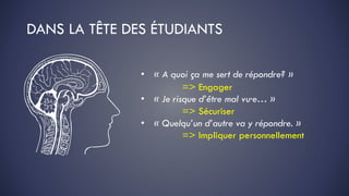 DANS LA TÊTE DES ÉTUDIANTS
• « A quoi ça me sert de répondre? »
• « Je risque d’être mal vu·e… »
• « Quelqu’un d’autre va y répondre. »
=> Impliquer personnellement
=> Sécuriser
=> Engager
 