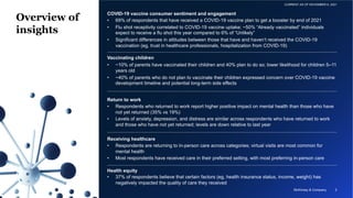 McKinsey & Company 2
CURRENT AS OF NOVEMBER 8, 2021
Overview of
insights
COVID-19 vaccine consumer sentiment and engagemen...