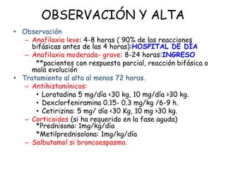OBSERVACIÓN Y ALTA
• Observación
– Anafilaxia leve: 4-8 horas ( 90% de las reacciones
bifásicas antes de las 4 horas):HOSPITAL DE DÍA
– Anafilaxia moderada- grave: 8-24 horas:INGRESO
**pacientes con respuesta parcial, reacción bifásica o
mala evolución
• Tratamiento al alta al menos 72 horas.
– Antihistamínicos:
• Loratadina 5 mg/día <30 kg, 10 mg/día >30 kg.
• Dexclorfeniramina 0.15- 0.3 mg/kg /6-9 h.
• Cetirizina: 5 mg/ día <30 Kg, 10 mg >30 kg.
– Corticoides (si ha requerido en la fase aguda)
*Prednisona: 1mg/kg/día
*Metilprednisolona: 1mg/kg/día
– Salbutamol si broncoespasmo.
 