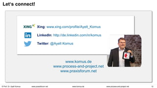 © Prof. Dr. Ayelt Komus 12
www.komus.de www.process-and-project.net
www.praxisforum.net
Let‘s connect!
Xing: www.xing.com/profile/Ayelt_Komus
LinkedIn: http://de.linkedin.com/in/komus
Twitter: @Ayelt Komus
www.komus.de
www.process-and-project.net
www.praxisforum.net
 