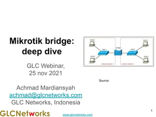 www.glcnetworks.com
Mikrotik bridge:
deep dive
GLC Webinar,
25 nov 2021
Achmad Mardiansyah
achmad@glcnetworks.com
GLC Networks, Indonesia
1
Source:
 
