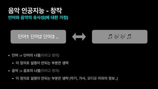 음악 인공지능 - 창작
언어와 음악의 유사성(에 대한 가정)
• 언어 := 단어의 나열(이라고 정의)

• 이 정의로 설명이 안되는 부분은 생략 

• 음악 := 음표의 나열(이라고 정의)

• 이 정의로 설명이 안되는 부분은 생략 (악기, 가사, 오디오 이외의 정보..)
단어1 단어2 단어3 .. 🎵 🎶 🎶 🎵
 