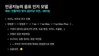 • 피아노 위주로 연구 진행

• 방법론 1 → 방법론 1' → 1'se → 1'se Max → 1'se Max Plus → ..

• 가정이 많아짐 (음표간의 관계, 녹음 환경, 피아노 조율법, ..)

• 모델이 점점 복잡해짐

• 보고되는 실험 결과는 점점 개선됨 

• = 주어진 데이터셋에 특화된 방법론으로 편향

• 실용성은.. 🤔
인공지능의 음표 인지 모델
채보: 전통적인 방식 (딥러닝 이전, -2015)
 