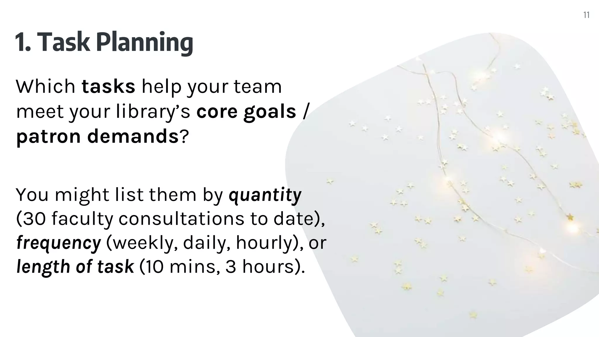 1. Task Planning
Which tasks help your team
meet your library’s core goals /
patron demands?
You might list them by quantity
(30 faculty consultations to date),
frequency (weekly, daily, hourly), or
length of task (10 mins, 3 hours).
11
 