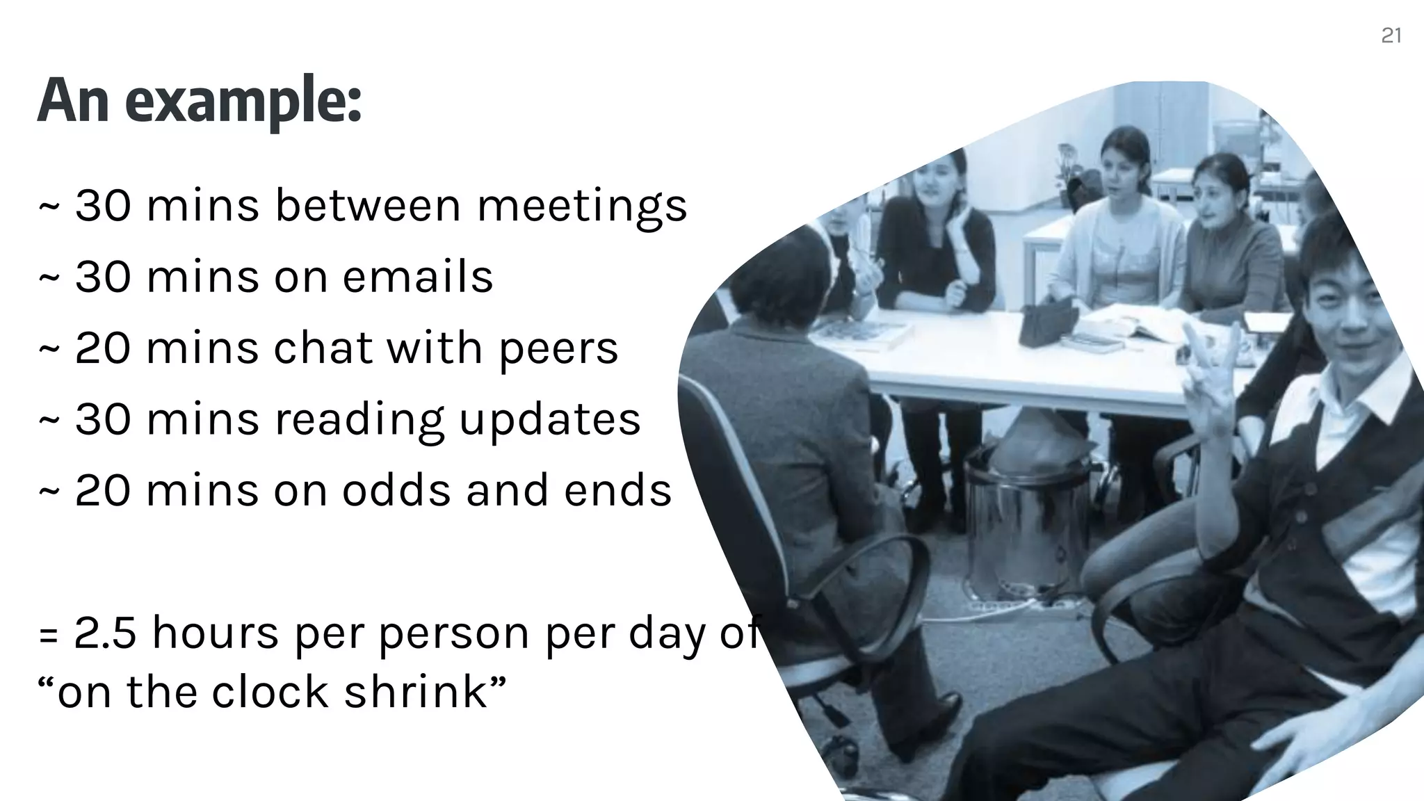 An example:
~ 30 mins between meetings
~ 30 mins on emails
~ 20 mins chat with peers
~ 30 mins reading updates
~ 20 mins on odds and ends
= 2.5 hours per person per day of
“on the clock shrink”
21
 