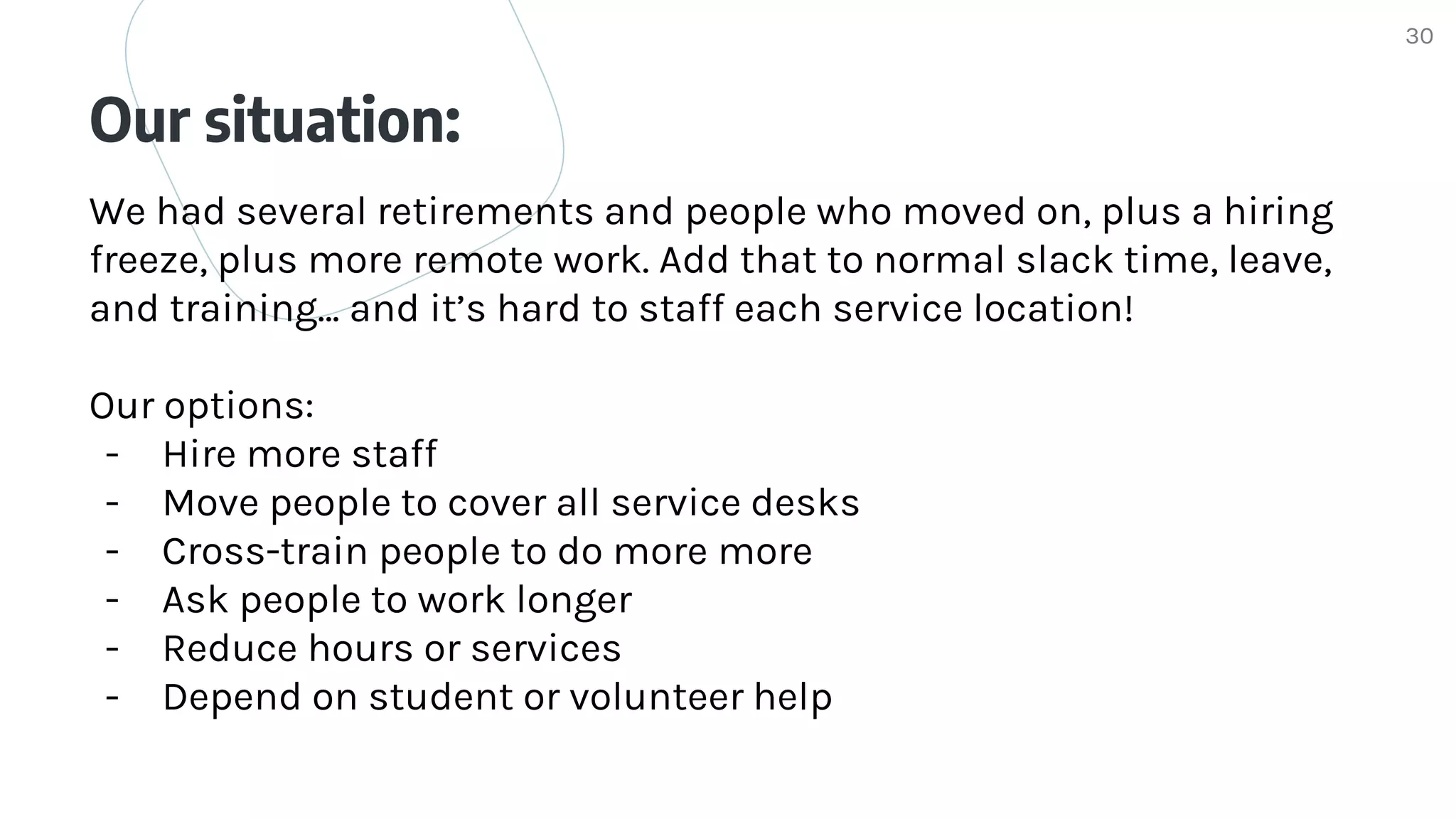 Our situation:
30
We had several retirements and people who moved on, plus a hiring
freeze, plus more remote work. Add that to normal slack time, leave,
and training… and it’s hard to staff each service location!
Our options:
- Hire more staff
- Move people to cover all service desks
- Cross-train people to do more more
- Ask people to work longer
- Reduce hours or services
- Depend on student or volunteer help
 