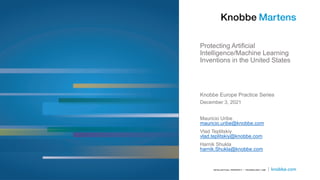 Protecting Artificial
Intelligence/Machine Learning
Inventions in the United States
Knobbe Europe Practice Series
December 3, 2021
Mauricio Uribe
mauricio.uribe@knobbe.com
Vlad Teplitskiy
vlad.teplitskiy@knobbe.com
Harnik Shukla
harnik.Shukla@knobbe.com
 