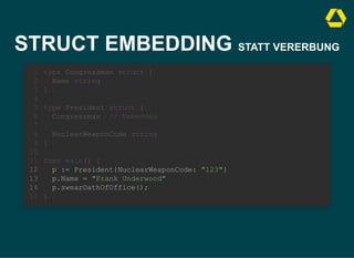 STRUCT EMBEDDING STATT VERERBUNG
type Congressman struct {
Name string
}
1
2
3
4
type President struct {
5
Congressman // Embedded
6
7
NuclearWeaponCode string
8
}
9
10
func main() {
11
p := President{NuclearWeaponCode: "123"}
12
p.Name = "Frank Underwood"
13
p.swearOathOfOffice();
14
}
15
type President struct {
Congressman // Embedded
NuclearWeaponCode string
}
type Congressman struct {
1
Name string
2
}
3
4
5
6
7
8
9
10
func main() {
11
p := President{NuclearWeaponCode: "123"}
12
p.Name = "Frank Underwood"
13
p.swearOathOfOffice();
14
}
15
p := President{NuclearWeaponCode: "123"}
p.Name = "Frank Underwood"
p.swearOathOfOffice();
type Congressman struct {
1
Name string
2
}
3
4
type President struct {
5
Congressman // Embedded
6
7
NuclearWeaponCode string
8
}
9
10
func main() {
11
12
13
14
}
15
 