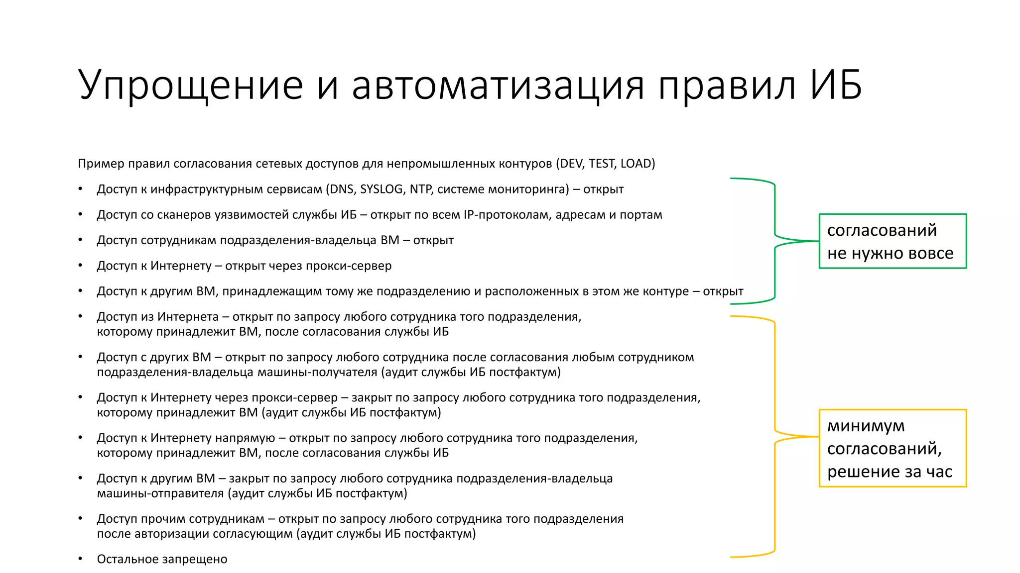 Упрощение и автоматизация правил ИБ
Пример правил согласования сетевых доступов для непромышленных контуров (DEV, TEST, LOAD)
• Доступ к инфраструктурным сервисам (DNS, SYSLOG, NTP, системе мониторинга) – открыт
• Доступ со сканеров уязвимостей службы ИБ – открыт по всем IP-протоколам, адресам и портам
• Доступ сотрудникам подразделения-владельца ВМ – открыт
• Доступ к Интернету – открыт через прокси-сервер
• Доступ к другим ВМ, принадлежащим тому же подразделению и расположенных в этом же контуре – открыт
• Доступ из Интернета – открыт по запросу любого сотрудника того подразделения,
которому принадлежит ВМ, после согласования службы ИБ
• Доступ с других ВМ – открыт по запросу любого сотрудника после согласования любым сотрудником
подразделения-владельца машины-получателя (аудит службы ИБ постфактум)
• Доступ к Интернету через прокси-сервер – закрыт по запросу любого сотрудника того подразделения,
которому принадлежит ВМ (аудит службы ИБ постфактум)
• Доступ к Интернету напрямую – открыт по запросу любого сотрудника того подразделения,
которому принадлежит ВМ, после согласования службы ИБ
• Доступ к другим ВМ – закрыт по запросу любого сотрудника подразделения-владельца
машины-отправителя (аудит службы ИБ постфактум)
• Доступ прочим сотрудникам – открыт по запросу любого сотрудника того подразделения
после авторизации согласующим (аудит службы ИБ постфактум)
• Остальное запрещено
согласований
не нужно вовсе
минимум
согласований,
решение за час
 