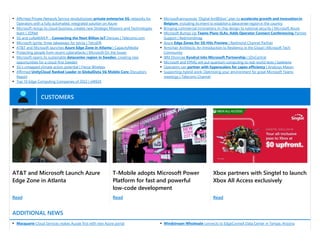 ▪ Affirmed Private Network Service revolutionizes private enterprise 5G networks for
Operators with a fully automated, integrated solution on Azure
▪ Microsoft reorgs its cloud business, creates new Strategic Missions and Technologies
team | ZDNet
▪ 5G and LoRaWAN® - Connecting the Next Billion IoT Devices | Telecoms.com
▪ Microsoft Ignite: three takeaways for telcos | TelcoDR
▪ AT&T and Microsoft launches Azure Edge Zone in Atlanta | CapacityMedia
▪ Protecting people from recent cyberattacks | Microsoft On the Issues
▪ Microsoft opens its sustainable datacenter region in Sweden, creating new
opportunities for a cloud-first Sweden
▪ 5G’s untapped climate action potential | Fierce Wireless
▪ Affirmed UnityCloud Ranked Leader in GlobalData 5G Mobile Core Disruptors
Report
▪ Top 10 Edge Computing Companies of 2022 | eWEEK
▪ Microsoft announces “Digital AmBEtion” plan to accelerate growth and innovation in
Belgium, including its intent to establish a datacenter region in the country
▪ Bringing commercial innovations in chip design to national security | Microsoft Azure
▪ Microsoft Bumps Up Teams Plans SLAs, Adds Operator Connect Conferencing Partner
Support | Redmondmag
▪ Azure Edge Zones for 5G Hits Preview | Redmond Channel Partner
▪ Armchair Architects: An Introduction to Resiliency in the Cloud | Microsoft Tech
Community
▪ IBM Divorcee Kyndryl Inks Microsoft Partnership | SDxCentral
▪ Microsoft and KPMG will put quantum computing to real-world tests | Geekwire
▪ Operators can partner with hyperscalers for capex efficiency | Analysys Mason
▪ Supporting hybrid work: Optimizing your environment for great Microsoft Teams
meetings | Telecoms Channel
CUSTOMERS
AT&T and Microsoft Launch Azure
Edge Zone in Atlanta
T-Mobile adopts Microsoft Power
Platform for fast and powerful
low-code development
Xbox partners with Singtel to launch
Xbox All Access exclusively
Read Read Read
ADDITIONAL NEWS
▪ Macquarie Cloud Services makes Aussie first with new Azure portal ▪ Windstream Wholesale connects to EdgeConneX Data Center in Tempe, Arizona
 