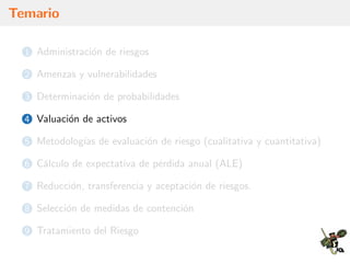 Temario
1 Administraci´on de riesgos
2 Amenzas y vulnerabilidades
3 Determinaci´on de probabilidades
4 Valuaci´on de activos
5 Metodolog´ıas de evaluaci´on de riesgo (cualitativa y cuantitativa)
6 C´alculo de expectativa de p´erdida anual (ALE)
7 Reducci´on, transferencia y aceptaci´on de riesgos.
8 Selecci´on de medidas de contenci´on
9 Tratamiento del Riesgo
 