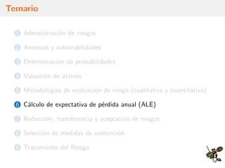 Temario
1 Administraci´on de riesgos
2 Amenzas y vulnerabilidades
3 Determinaci´on de probabilidades
4 Valuaci´on de activos
5 Metodolog´ıas de evaluaci´on de riesgo (cualitativa y cuantitativa)
6 C´alculo de expectativa de p´erdida anual (ALE)
7 Reducci´on, transferencia y aceptaci´on de riesgos.
8 Selecci´on de medidas de contenci´on
9 Tratamiento del Riesgo
 