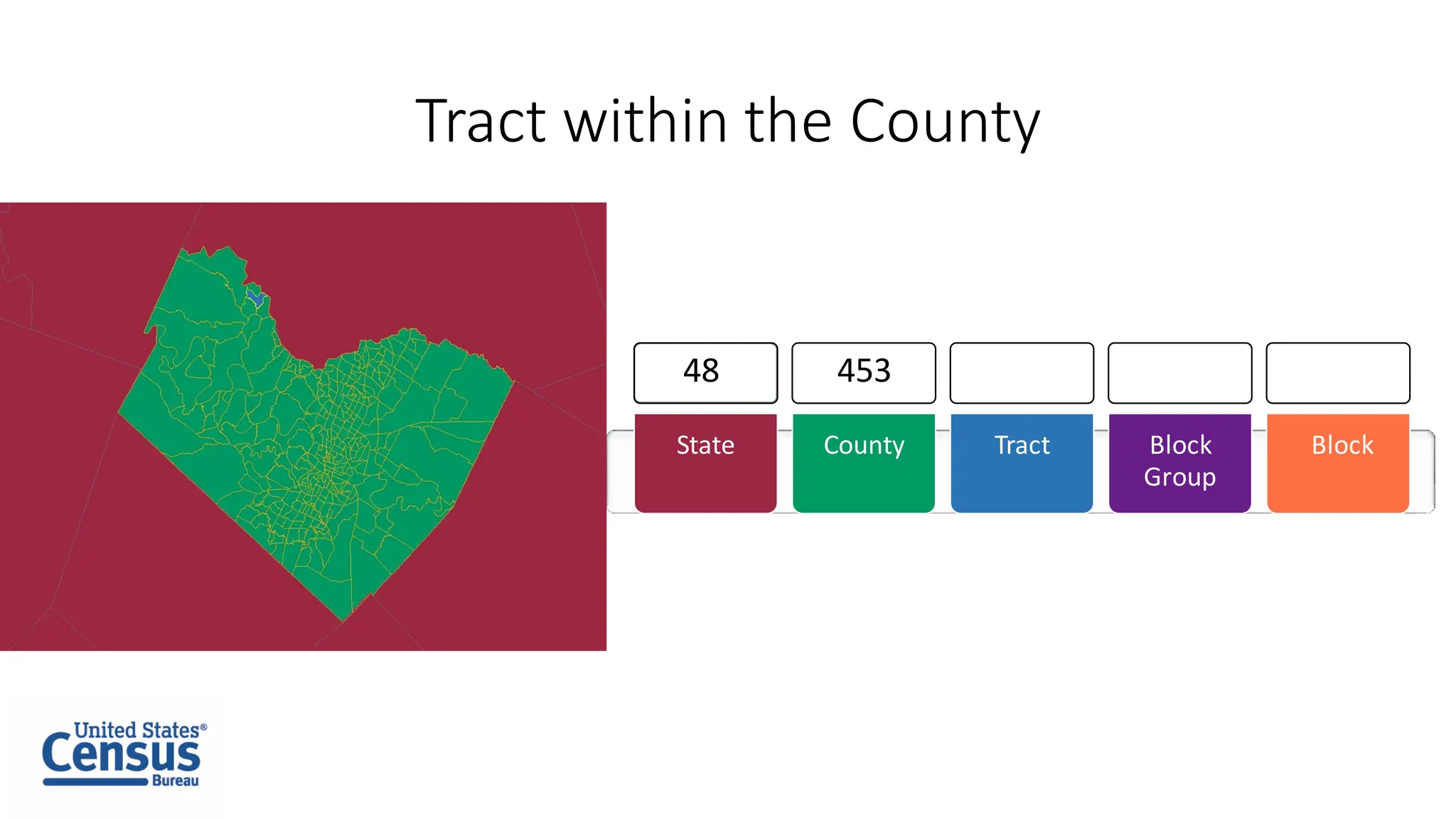 Tract within the County
State County Tract Block
Group
Block
48 453
 