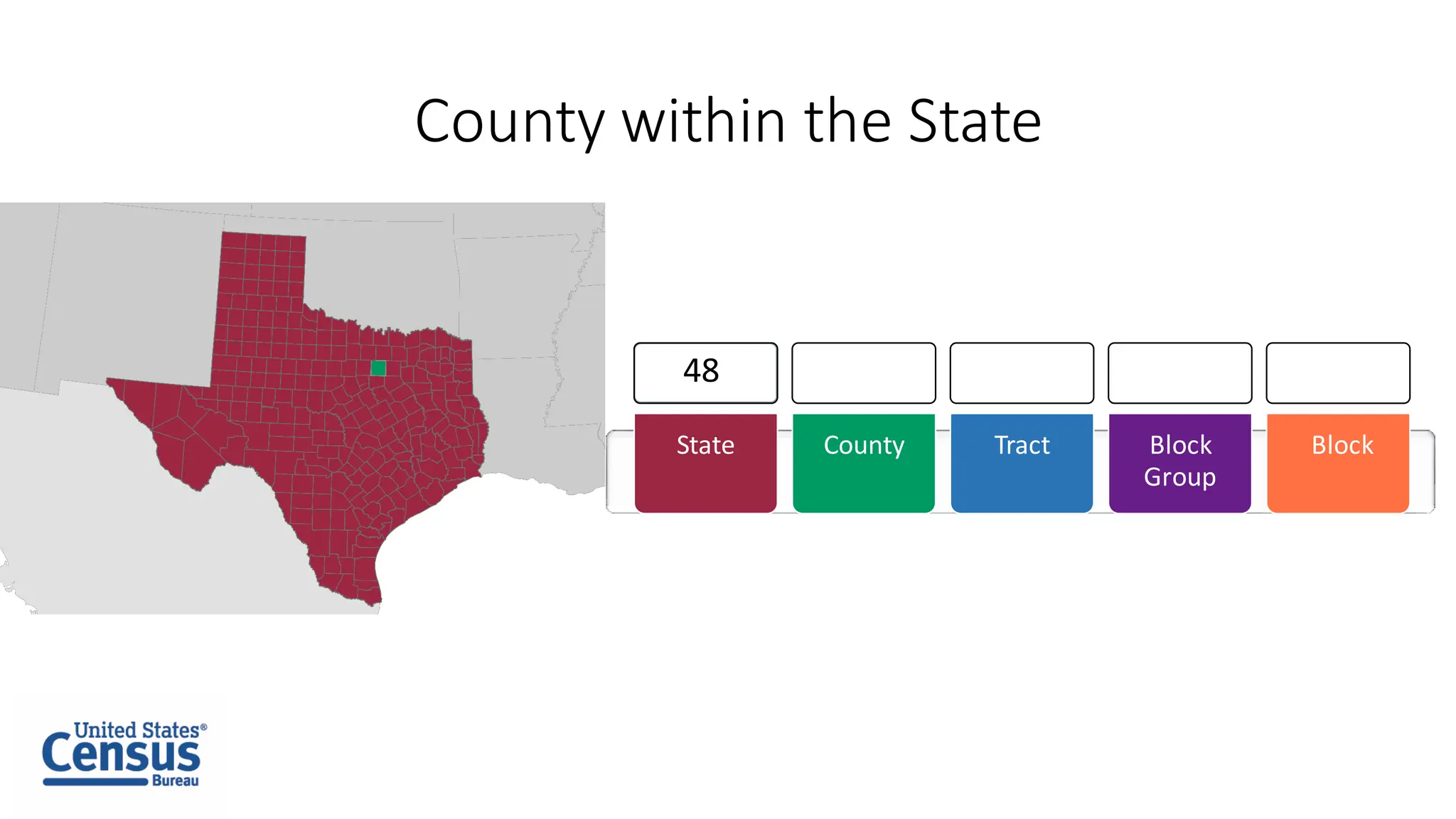 County within the State
State County Tract Block
Group
Block
48
 