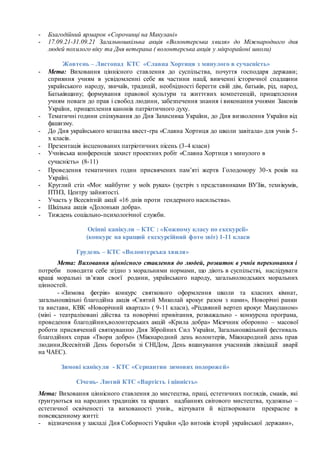 - Благодійний ярмарок «Сорочинці на Макулані»
- 17.09.21-31.09.21 Загальношкільна акція «Волонтерська хвиля» до Міжнародного дня
людей похилого віку та Дня ветерана ( волонтерська акція у мікрорайоні школи)
Жовтень – Листопад КТС «Славна Хортиця з минулого в сучасність»
- Мета: Виховання ціннісного ставлення до суспільства, почуття господаря держави;
сприяння учням в усвідомленні себе як частини нації, вивченні історичної спадщини
українського народу, звичаїв, традицій, необхідності берегти свій дім, батьків, рід, народ,
Батьківщину; формування правової культури та життєвих компетенцій, прищеплення
учням поваги до прав і свобод людини, забезпечення знання і виконання учнями Законів
України, прищеплення канонів патріотичного духу.
- Тематичні години спілкування до Дня Захисника України, до Дня визволення України від
фашизму.
- До Дня українського козацтва квест-гра «Славна Хортиця до школи завітала» для учнів 5-
х класів.
- Презентація інсценованих патріотичних пісень (3-4 класи)
- Учнівська конференція захист проектних робіт «Славна Хортиця з минулого в
сучасність» (8-11)
- Проведення тематичних годин присвячених пам’яті жертв Голодомору 30-х років на
Україні.
- Круглий стіл «Моє майбутнє у моїх руках» (зустріч з представниками ВУЗів, технікумів,
ПТНЗ, Центру зайнятості.
- Участь у Всесвітній акції «16 днів проти гендерного насильства».
- Шкільна акція «Долоньки добра».
- Тиждень соціально-психологічної служби.
Осінні канікули – КТС : «Кожному класу по екскурсії»
(конкурс на кращий екскурсійний фото звіт) 1-11 класи
Грудень – КТС «Волонтерська хвиля»
Мета: Виховання ціннісного ставлення до людей, розвиток в учнів переконання і
потреби поводити себе згідно з моральними нормами, що діють в суспільстві, наслідувати
кращі моральні зв’язки своєї родини, українського народу, загальнолюдських моральних
цінностей.
- «Зимова феєрія» конкурс святкового оформлення школи та класних кімнат,
загальношкільні благодійна акція «Святий Миколай крокує разом з нами», Новорічні ранки
та вистави, КВК «Новорічний квартал» ( 9-11 класи), «Різдвяний вертеп крокує Макуланом»
(міні - театралізовані дійства та новорічні привітання, розважально - конкурсна програма,
проведення благодійних,волонтерських акцій «Крила добра» Місячник оборонно – масової
роботи присвячений святкуванню Дня Збройних Сил України, Загальношкільний фестиваль
благодійних справ «Твори добро» (Міжнародний день волонтерів, Міжнародний день прав
людини,Всесвітній День боротьби зі СНІДом, День вшанування учасників ліквідації аварії
на ЧАЕС).
Зимові канікули - КТС «Серпантин зимових подорожей»
Січень- Лютий КТС «Вартість і цінність»
Мета: Виховання ціннісного ставлення до мистецтва, праці, естетичних поглядів, смаків, які
ґрунтуються на народних традиціях та кращих надбаннях світового мистецтва, художньо –
естетичної освіченості та вихованості учнів,, відчувати й відтворювати прекрасне в
повсякденному житті:
- відзначення у закладі Дня Соборності України «До витоків історії української держави»,
 