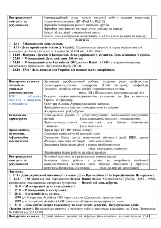 Внутрішкільний
контроль та
регулювання
Рекомендаційний огляд планів виховної роботи класних керівників,
педагогів-наставників, ДО «РАДА», ЮДПД
Перевірка планування роботи шкільних гуртків
Перевірка зовнішнього вигляду учнів (довідка на нараду)
Аналіз обліку дітей у мікрорайоні школи
Аналіз працевлаштування випускників 9-х,11-х класів (довідка на нараду)
Жовтень
1.10 - Міжнародний день музики.
4.10 - День працівників освіти (в Україні). Відзначається щорічно в першу неділю жовтня
відповідно до Указу Президента України № 513/94 від 11.09.1994 р.
14.10 - Покрова Пресвятої Богородиці. День українського козацтва. День захисника України..
22.10 - Міжнародний День шкільних бібліотек.
24.10 - Міжнародний день Організації Об’єднаних Націй. - 1945 - створено міжнародну
міждержавну Організацію Об’єднаних Націй (ООН).
28.10 - 1944 - День визволення України від фашистських загарбників.
Позаурочна виховна
діяльність,
учнівське
самоврядування
КТС «Славна
Хортиця з минулого
в сучасність»
Організація профілактичної роботи: засідання ради профілактики
правопорушень,,єдиних профуроків (1,2-й вівторок), профрейдів
(щонеділі) постійно діючої комісії з превентивних питань.
(відп. ЗД з ВР,психолог, соцпедагог,кл.кер-ки)
Тиждень національно-патріотичного виховання до Дня визволення
України від фашизму.
Квест-гра «Славна Хортиця до школи завітала».
Проведення циклу хвилин громадянського виховання.
Всеукраїнський рейд «Урок».
Батьківське
партнерство
Індивідуальна робота з неблагополучними, зовнішньоблагополучними
сім’ями (відп.соцпедагог, психолог, педнаставники)
Психолого-педагогічний консультпункт для батьків «Батьківська
п’ятниця» (відп.психолог)
Організаційне,
методичне,
інформаційне
забезпечення
Нарада при ЗД з ВР (згідно плану)
Соціально-психологічний консультпункт
Створення банку даних позаурочної зайнятості дітей ВШО, групи
«Ризику», пільгових категорій (відп.соцпедагог)
Оновлення банку даних дітей з різною проблематикою
(відп. соцпедагог, психолог)
Оформлення плану роботи на осінні канікули
Внутрішкільний
контроль та
регулювання
Поточний контроль за відвідуванням учнями школи
Вивчення стану роботи з дітьми, які потребують особливої
уваги,обстеження життєвих умов дітей,які опинилися у скрутних
життєвих обставинах, під опікою (відп. кл.кер-ки соцпедагог)
Листопад
9.11 - День української писемності та мови. День Преподобного Нестора-літописця Печерського.
13.11 - 130 років від дня народження Остапа Вишні (Павла Михайловича Губенка) (1889—1956),
українського письменника, сатирика і гумориста. - Всесвітній день доброти.
16.11 - Міжнародний день толерантності.
17.11 - Міжнародний день студента.
20.11 - Всесвітній день дитини.
1959 р.– Генеральна Асамблея ООН проголосила «Декларацію прав дитини».
1989 р. – Генеральна Асамблея ООН ухвалила «Конвенцію про права дитини».
23.11 - День пам’яті жертв голодомору та політичних репресій. Всеукраїнська акція
«Засвіти свічку». Відзначається щорічно у четверту суботу листопада відповідно до Указу Президента
№ 1310/98 від 26.11.1998
Позаурочна виховна Єдині виховні години та інформаційно-тематичні виховні години (3,4
 