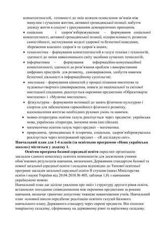 компетентностей, готовності до змін шляхом осмислення зв’язків між
минулим і сучасним життям, активної громадянської позиції, набуття
досвіду життя в соціумі з урахуванням демократичних принципів;
• соціальна і здоров’язбережувальна – формування соціальної
компетентності, активної громадянської позиції, підприємливості, розвиток
самостійності, застосування моделі здорової та безпечної поведінки,
збереження власного здоров’я та здоров’я інших;
• технологічна – формування компетентностей в галузі техніки і технологій,
здатності до зміни навколишнього світу засобами сучасних технологій;
• інформативна – формування інформаційно-комунікаційної
компетентності, здатності до розв’язання проблем з використанням
цифрових пристроїв для розвитку, самовираження, здобуття навичок
безпечної діяльності в інформаційному суспільстві;
• мистецька – формування цінностей у процесі пізнання мистецтва та
художньо-творчого самовираження, поваги до національної та світової
мистецької спадщини, реалізується окремими предметами «Образотворче
мистецтво» і «Музичне мистецтво»;
• фізкультурна – формування мотивації до занять фізичною культурою і
спортом для забезпечення гармонійного фізичного розвитку,
вдосконалення життєво необхідних рухових умінь та навичок.
• мовно-літературна освітня галузь реалізується через предмети: українська
мова, українська література, іноземна мова (англійська).
• математична освітня галузь через предмет – математика.
• природнича, громадянська й історична, соціальна, здоров’язбережувальна
реалізується через інтегрований предмет – «Я досліджую світ».
Навчальний план для 1-4 класів (за освітньою програмою «Нова українська
школа») міститься у додатку 1.
Освітня програма базової середньої освіти окреслює організацію
закладом єдиного комплексу освітніх компонентів для досягнення учнями
обов’язкових результатів навчання, визначених Державним стандартом базової та
повної загальної середньої освіти і складена відповідно до Типової освітньої
програми закладів загальної середньої освіти ІІ ступеня (наказ Міністерства
освіти і науки України від 20.04.2018 № 405, таблиця 1,8) з навчанням
українською мовою.
Навчальний план дає цілісне уявлення про зміст і структуру другого рівня освіти,
встановлює погодинне співвідношення між окремими предметами за роками
навчання, визначає гранично допустиме тижневе навантаження учнів. Навчальний
план основної школи передбачає реалізацію освітніх галузей Базового
навчального плану Державного стандарту через окремі предмети. Він охоплює
інваріантну складову, сформовану на державному рівні та варіативну складову.
 