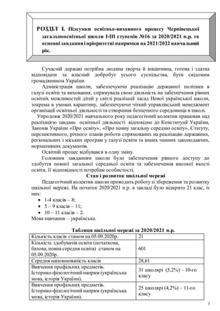 3
РОЗДІЛ І. Підсумки освітньо-виховного процесу Чернівецької
загальноосвітньої школи І-ІІІ ступенів №16 за 2020/2021 н.р. та
основнізавданняіпріоритетні напрямки на 2021/2022 навчальний
рік.
Сучасній державі потрібна людина творча й ініціативна, готова і здатна
відповідати за власний добробут усього суспільства, бути свідомим
громадянином України.
Адміністрація школи, забезпечуючи реалізацію державної політики в
галузі освіти та виховання, спрямувала свою діяльність на забезпечення рівних
освітніх можливостей дітей у світлі реалізації засад Нової української школи,
зокрема в умовах карантину, забезпечуючи чіткий управлінський менеджмент
організації освітньої діяльності та створення безпечного середовища в школі.
Упродовж 2020/2021 навчального року педагогічний колектив працював над
реалізацією завдань освітньої діяльності відповідно до Конституції України,
Законів України «Про освіту», «Про повну загальну середню освіту», Статуту,
перспективного, річного планів роботи спрямованих на реалізацію державних,
регіональних і міських програм у галузі освіти та інших чинних законодавчих,
нормативних документів.
Освітній процес відбувався в одну зміну.
Головним завданням школи було забезпечення рівного доступу до
здобуття повної загальної середньої освіти та забезпечення високої якості
освіти, її відповідності потребам особистості.
Стан і розвиток шкільної мережі
Педагогічний колектив школи проводить роботузі збереження та розвитку
шкільної мережі. На початок 2020/2021 н.р. в закладі було відкрито 21 клас, із
них:
 1-4 класів – 8;
 5 – 9 класів – 11;
 10 – 11 класів – 2.
Мова навчання – українська.
Таблиця шкільної мережі за 2020/2021 н.р.
Кількість класів станом на 05.09.2020р. 21
Кількість здобувачів освіти (початкова,
базова, повна середня освіта) станом на
05.09.2020р.
601
Середня наповнюваність класів 28,61
Вивчення профільних предметів.
Історико-філологічнийнапрям (українська
мова, історія України).
31 школярі (5,2%) – 10-го
класу
Вивчення профільних предметів.
Історико-філологічнийнапрям (українська
мова, історія України).
25 школярі (4,2%) – 11-го
класу
 