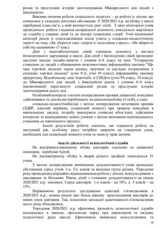 30
ролик та прослухано історію започаткування Міжнародного дня людей з
інвалідністю.
Важливе питання роботи соціального педагога – це робота із дітьми, що
опинилися у складних життєвих обставинах. У 2020/2021 н.р. на обліку у школі
перебувала одна сім’я, у якій виховується двоє дітей. З цією категорією учнів
проводиться робота з надання матеріальної допомоги, доводилося звертатися
до служби у справах дітей та до центру соціальних служб. Учні відповідної
категорії разом із однокласниками взяли участь у соціально-педагогічному
занятті на тему «Як зберегти своє здоров’я: подолання стресу», «Як вберегти
себе від цькування» (7 клас).
Діти з малозабезпечених сімей отримали допомогу у вигляді
безкоштовного харчування в школі. Для дітей з багатодітних сімей проведено
наступні заходи: онлайн-заняття з учнями 6-А класу на тему "Толерантне
ставлення до людей з обмеженими можливостями; інформаційну хвилину "Що
таке торгівля людьми: групи ризику, причини та наслідки потрапляння в
ситуацію торгівлі людьми" (учні 9-А, учні 10 класу); інформаційну хвилину
приурочену Всесвітньому дню боротьби зі СНІДом (учні 9А класу, 10 класу);
до Міжнародного дня людей з інвалідністю разом з учнями 6-А класу
(інклюзивний) переглянуто соціальний ролик та прослухано історію
започаткування цього дня.
Особливийконтроль з метою попередження проявів девіантної поведінки
здійснювався за дітьми,які перебувають на шкільномуобліку (3 осіб), а саме:
соціально-педагогічнібесіди з метою попередження негативних проявів
(ЗДВР, класний керівник, соціальний педагог) про правила поведінки в
навчальному закладі, потребу виконувати учнівські обов’язки; здійснення
контролю за відвідуванням занять учнями з метою виховання відповідального
ставлення до навчального процесу.
Аналіз результатів роботи свідчить, що плануючи роботу на
наступний рік, особливу увагу потрібно звернути на створення умов,
необхідних для соціалізації кожного учня та захисту прав дитини.
Аналіз діяльності психологічної служби
На внутрішньо-шкільному обліку школярів, схильних до девіантної
поведінки, перебуває 6дітей.
На диспансерному обліку в лікарів різного профілю знаходиться 31
учень.
З метою попередження виникнення дезадаптованості учнів проведено
обстеження серед учнів 1-х, 5-х класів та виділена група ризику. Упродовж
року проводиласькореційно-відновлювальна робота з дітьми, консультування з
школярами та батьками. Рівень дітей з ознаками дезадаптованості на кінець
2020/2021 н.р. знизився. Серед школярів 1-х класів - на 10%, а 5 класів – на
15%.
Порівнюючи результати дослідження адаптації п'ятикласників в
2020/2021 н.р., можна казати про більш швидке пристосування школярів до
нових умов навчання. Так, показники загальної адаптованості п'ятикласників
цього року збільшилися.
Упродовж 2020/2021 н.р. ефективна діяльність психологічної служби
відзначалась в наказах, протоколах нарад при директорові та засідань
педагогічної ради школи. Ефективною виявилася консультативна та
 