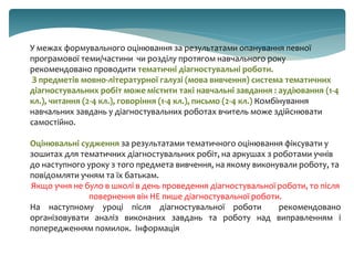 У межах формувального оцінювання за результатами опанування певної
програмової теми/частини чи розділу протягом навчального року
рекомендовано проводити тематичні діагностувальні роботи.
З предметів мовно-літературної галузі (мова вивчення) система тематичних
діагностувальних робіт може містити такі навчальні завдання : аудіювання (1-4
кл.), читання (2-4 кл.), говоріння (1-4 кл.), письмо (2-4 кл.) Комбінування
навчальних завдань у діагностувальних роботах вчитель може здійснювати
самостійно.
Оцінювальні судження за результатами тематичного оцінювання фіксувати у
зошитах для тематичних діагностувальних робіт, на аркушах з роботами учнів
до наступного уроку з того предмета вивчення, на якому виконували роботу, та
повідомляти учням та їх батькам.
Якщо учня не було в школі в день проведення діагностувальної роботи, то після
повернення він НЕ пише діагностувальної роботи.
На наступному уроці після діагностувальної роботи рекомендовано
організовувати аналіз виконаних завдань та роботу над виправленням і
попередженням помилок. Інформація
 