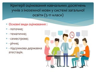 Критерії оцінювання навчальних досягнень
учнів з іноземної мови у системі загальної
освіти (5-11 класи)
 Основні види оцінювання :
 - поточне;
 - тематичне;
 - семестрове;
 - річне;
 - підсумкова державна
атестація.
 