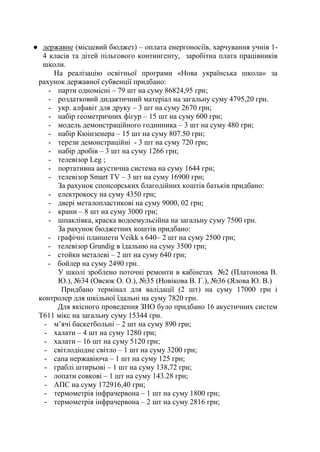 ● державне (місцевий бюджет) – оплата енергоносіїв, харчування учнів 1-
4 класів та дітей пільгового контингенту, заробітна плата працівників
школи.
На реалізацію освітньої програми «Нова українська школа» за
рахунок державної субвенції придбано:
- парти одномісні – 79 шт на суму 86824,95 грн;
- роздатковий дидактичний матеріал на загальну суму 4795,20 грн.
- укр. алфавіт для друку – 3 шт на суму 2670 грн;
- набір геометричних фігур – 15 шт на суму 600 грн;
- модель демонстраційного годинника – 3 шт на суму 480 грн;
- набір Кюінзенера – 15 шт на суму 807.50 грн;
- терези демонстраційні - 3 шт на суму 720 грн;
- набір дробів – 3 шт на суму 1266 грн;
- телевізор Leg ;
- портативна акустична система на суму 1644 грн;
- телевізор Smart TV – 3 шт на суму 16900 грн;
За рахунок спонсорських благодійних коштів батьків придбано:
- електрокосу на суму 4350 грн;
- двері металопластикові на суму 9000, 02 грн;
- крани – 8 шт на суму 3000 грн;
- шпаклівка, краска водоемульсійна на загальну суму 7500 грн.
За рахунок бюджетних коштів придбано:
- графічні планшети Veikk s 640– 2 шт на суму 2500 грн;
- телевізор Grundig в їдальню на суму 3500 грн;
- стойки металеві – 2 шт на суму 640 грн;
- бойлер на суму 2490 грн.
У школі зроблено поточні ремонти в кабінетах №2 (Платонова В.
Ю.), №34 (Овсюк О. О.), №35 (Новікова В. Г.), №36 (Ялова Ю. В.)
Придбано термінал для валідації (2 шт) на суму 17000 грн і
контролер для шкільної їдальні на суму 7820 грн.
Для якісного проведення ЗНО було придбано 16 акустичних систем
Т611 мікс на загальну суму 15344 грн.
- м’ячі баскетбольні – 2 шт на суму 890 грн;
- халати – 4 шт на суму 1280 грн;
- халати – 16 шт на суму 5120 грн;
- світлодіодне світло – 1 шт на суму 3200 грн;
- сапа нержавіюча – 1 шт на суму 125 грн;
- граблі штирьові – 1 шт на суму 138,72 грн;
- лопати совкові – 1 шт на суму 143.28 грн;
- АПС на суму 172916,40 грн;
- термометрія інфрачервона – 1 шт на суму 1800 грн;
- термометрія інфрачервона – 2 шт на суму 2816 грн;
 