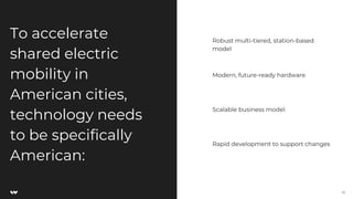 17
To accelerate
shared electric
mobility in
American cities,
technology needs
to be specifically
American:
10
Robust multi-tiered, station-based
model
Modern, future-ready hardware.
Scalable business model.
Rapid development to support changes
 