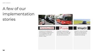 A few of our
implementation
stories
Section | Subsection
Christchurch utilized our
technology to implement a
municipal fleet that was
shared after hours with
those in need.
Transdev implemented
technology to provide self-
service chase cars to their
bus drivers and others.
Whip EV utilizes Wunder
Rent to provide electric
vehicles as amenities in
residential buildings
 
