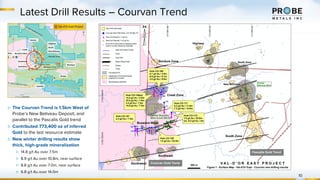 10
Latest Drill Results – Courvan Trend
▷ The Courvan Trend is 1.5km West of
Probe’s New Beliveau Deposit, and
parallel to the Pascalis Gold trend
▷ Contributed 773,400 oz of inferred
Gold to the last resource estimate
▷ New winter drilling results show
thick, high-grade mineralization
▷ 14.8 g/t Au over 7.5m
▷ 8.9 g/t Au over 10.8m, near surface
▷ 8.8 g/t Au over 7.0m, near surface
▷ 6.8 g/t Au over 14.0m
 