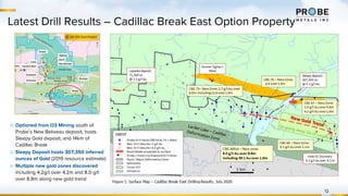 12
Latest Drill Results – Cadillac Break East Option Property
▷ Optioned from O3 Mining south of
Probe’s New Beliveau deposit, hosts
Sleepy Gold deposit, and 14km of
Cadillac Break
▷ Sleepy Deposit hosts 307,350 inferred
ounces of Gold (2019 resource estimate)
▷ Multiple new gold zones discovered
including 4.2g/t over 4.2m and 8.0 g/t
over 8.8m along new gold trend
 
