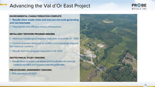 13
Advancing the Val d’Or East Project
ENVIRONMENTAL CHARACTERIZATION COMPLETE
▷ Results show waste rocks and ores are non-acid generating
and non-leachable
▷ Potential for cost-efficient mining infrastructure
METALLURGYTESTWORKPROGRAMONGOING
▷ Historical metallurgical testwork indicates recoveries of +93%
▷ Current testwork designed to confirm and potentially improve
the historical numbers
▷ Results from the program expected in Q1 2021
GEOTECHNICAL STUDY ONGOING
▷ Resultsshowincreaseinpitslopesandshouldallowforreduced
wastetooreratiosandincreasepotentialprofitability
PRE-ECONOMIC ASSESSMENT ONGOING
▷ PEAexpectedinH12021
 