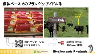 個体ベースでのブランド化：アイドル牛
肉のパッケージの
QRをスキャン
細胞提供元の
牛のWeb中継
ベコちゃん
※存命
 