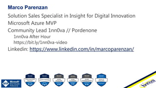 Solution Sales Specialist in Insight for Digital Innovation
Microsoft Azure MVP
Community Lead 1nn0va // Pordenone
1nn0va After Hour
https://bit.ly/1nn0va-video
Linkedin: https://www.linkedin.com/in/marcoparenzan/
Marco Parenzan
 
