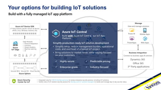 Power BI
PowerApps Web Apps
Mobile Apps
Manage
View and manage solutions
Azure Sphere
Secured MCU Secured OS Cloud Security
Business Integration
Connect to business apps & services
Office 365
Dynamics 365
Edge Modules:
• Protocol Adaptation
• Functions
• Stream Analytics
• Machine Learning
• AI
Azure
IoT Edge
• Integrated view for CISO & SecOps personas to review enterprise security posture, including IoT solutions.
• Holistic view of IoT solution security posture for DevOps and IoT solution managers to review and manage day to day security status
Azure Security
Center for IoT
3rd Party applications
Azure IoT Device SDK
3rd Party Industry specific sensors & devices
(RTOS, Linux, Windows, Android, iOS)
IoT Hub
Container
Registry
Kubernetes
Service
Compute
(VMs)
Content
Delivery
Network
Data
Explorer
Front Door
Resource
Manager
(ARM)
Storage
Domain
Name
System
Microsoft
Flow
Key Vault
Service Bus
Applicatio
n Insights
Functions
SQL Azure
Cosmos DB
Web Apps
Azure Stream
Analytics
Event Hub
Device
Provisioning
Service Time Series
Insights
Maps
But IoT adoption remains very challenging
Your options for building IoT solutions
Simplify production-ready IoT solution development
• Simplify setup, reduce management burden, operational
costs, and overhead of a typical IoT project.
• Bring solutions to market faster, while staying focused
on your customers
Azure IoT Central
Build with Azure IoT Central, our IoT App
Platform
 Highly secure
 Enterprise-grade
 Predictable pricing
 Industry-focused
 