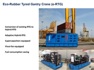 Conversion of existing RTG to
Hybrid-RTG
Adaptive Hybrid-RTG
Supercapacitors equipped
Visco-fan equipped
Fuel consumption saving
Eco-Rubber Tyred Gantry Crane (e-RTG)
18
 