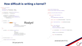 How difficult is writing a kernel?
C# (just part of it)
Javascript (all of if )
Roslyn!
 