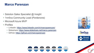 Marco Parenzan
• Solution Sales Specialist @ Insight
• 1nn0va Community Lead (Pordenone)
• Microsoft Azure MVP
• Profiles
• Linkedin: https://www.linkedin.com/in/marcoparenzan/
• Slideshare: https://www.slideshare.net/marco.parenzan
• GitHub: https://github.com/marcoparenzan
 