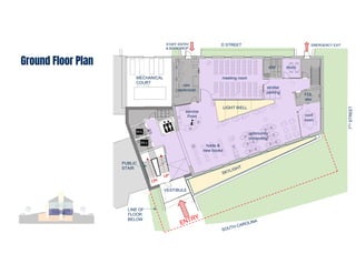 View from Corner of South Carolina and 7th
Ground Floor Plan
meeting room
LIGHT WELL
study
conf
room
stor
stroller
parking
community
computing
holds &
new books
service
Point
circ
workroom
PUBLIC
STAIR
VESTIBULE
MECHANICAL
COURT
FOL
stor
D STREET
7
TH
STREET
LINE OF
FLOOR
BELOW
STAFF ENTRY
& BOOKDROP
EMERGENCY EXIT
 