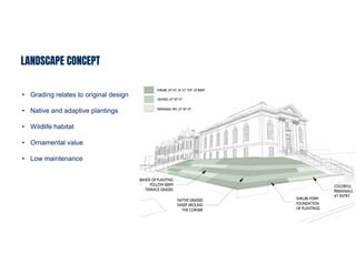 LANDSCAPE CONCEPT
• Grading relates to original design
• Native and adaptive plantings
• Wildlife habitat
• Ornamental value
• Low maintenance
 